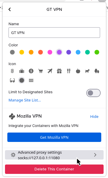 Configuration dialog with the proxy settings button, the second-to-last option, selected.